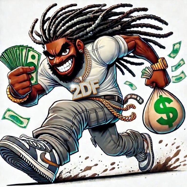 2DF character logo with dreadlocks holding cash and money bag