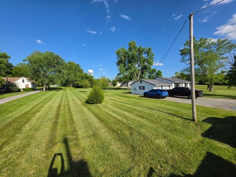Rural property with manicured lawn, single-story house, utility pole, and green trees under clear blue sky