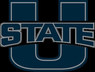 Utah State University Aggies logo featuring USU text in teal blue with rounded geometric shapes