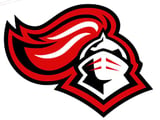 Red and white logo of a warrior or knight head with flowing cape, outlined in black
