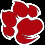 Red paw print with white outline on black background