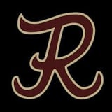 Stylized decorative letter R in burgundy and tan colors with ornate curved flourishes on black background