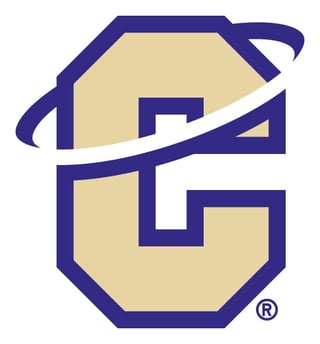 Cream and navy shield logo with satellite orbit design and registered trademark symbol