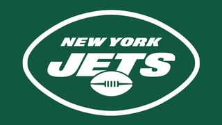 New York Jets logo with white oval outline and text on dark green background