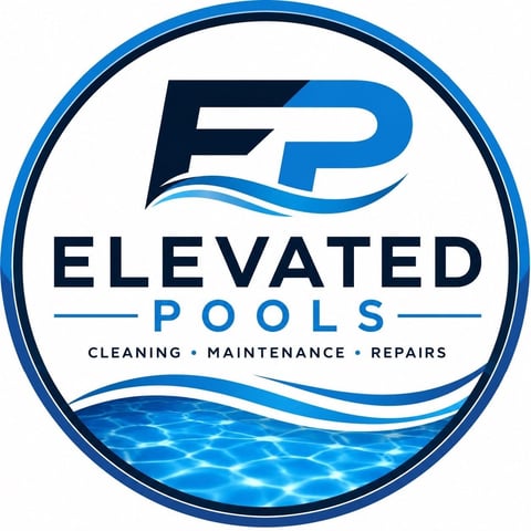 Elevated Pools logo featuring blue EP initials, company name, and water imagery with cleaning, maintenance, repairs services text