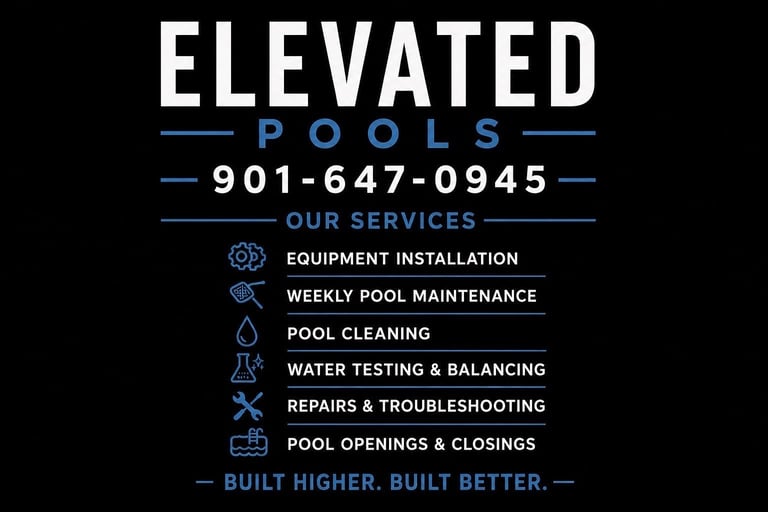 Elevated Pools business advertisement showing phone number 901-647-0945 and service offerings including equipment installation, maintenance, cleaning, water testing, repairs, and pool openings.