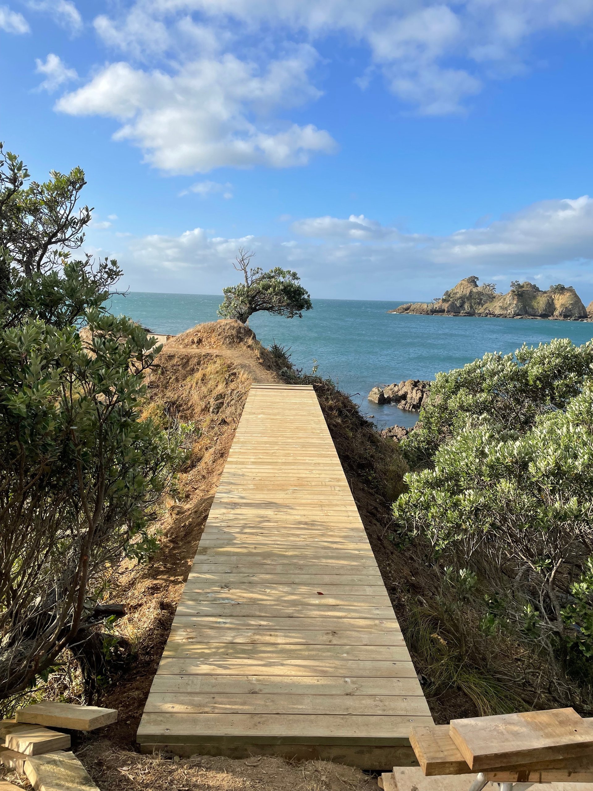 Finished timber boardwalk leading down to the turquoise sea on Waiheke Island, with coastal vegetation and rocky islands in view