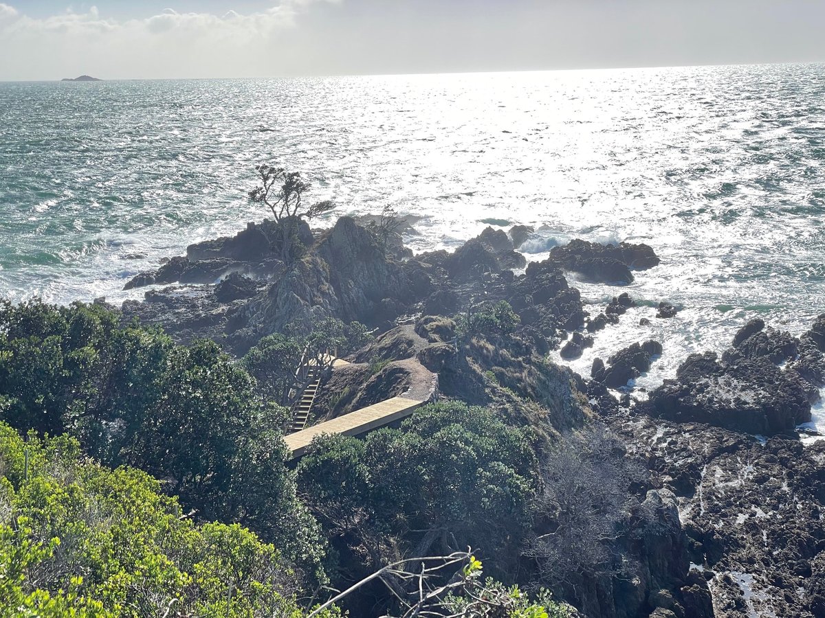 Coastal rocky outcrop with wooden bridge and green vegetation overlooking sparkling sea