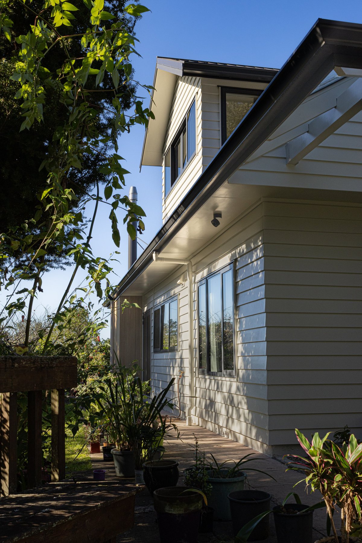 Modern two-story house with gray siding, large windows, and a covered porch, surrounded by green vegetation and ivy on a sunny day