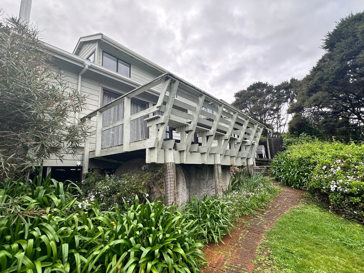 Elevated white wooden beach house on stilts surrounded by green vegetation and garden plants
