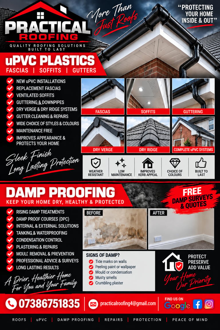 Practical Roofing advertisement for UPVC plastics, damp proofing services, and roofing solutions with before/after photos and contact information.