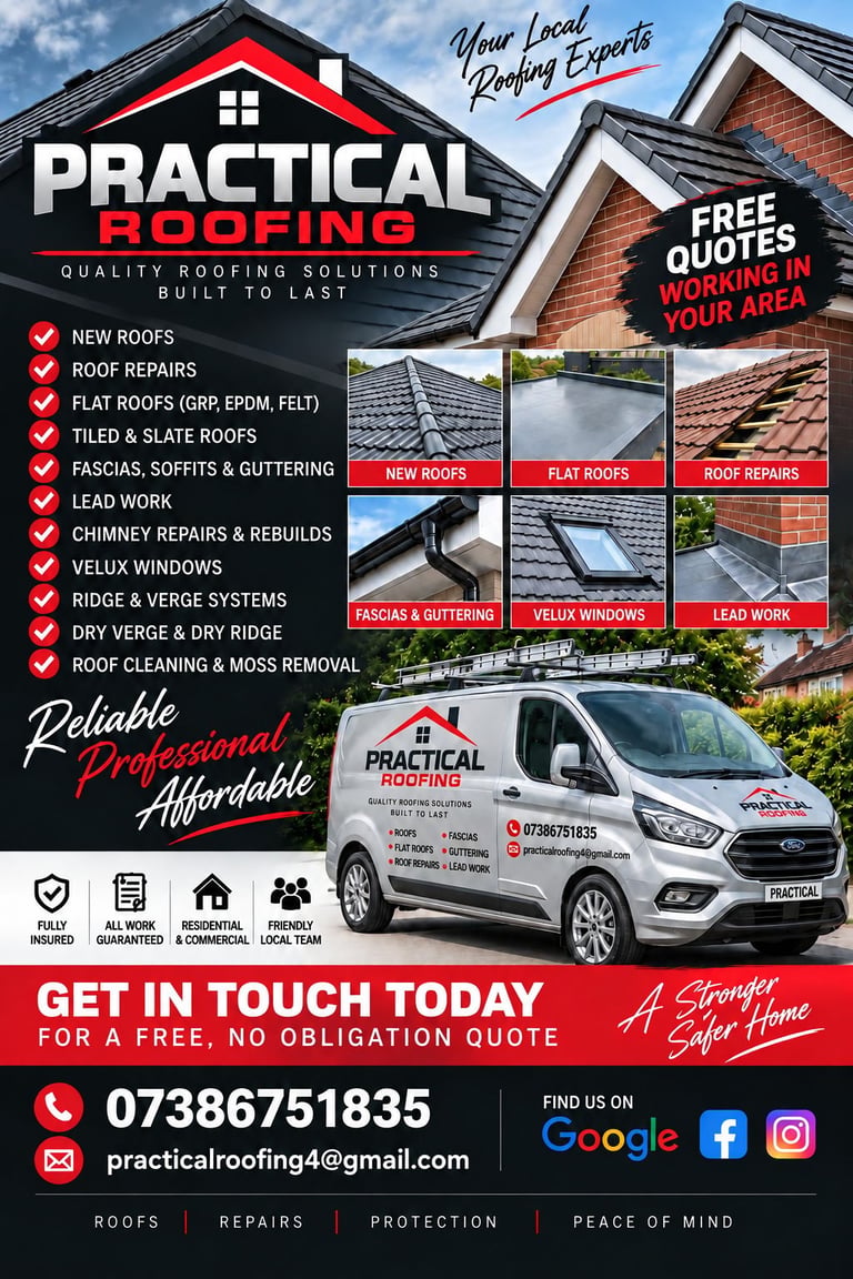 Practical Roofing advertisement flyer showcasing services, images of roof work, service van, and contact information for local roofing experts.
