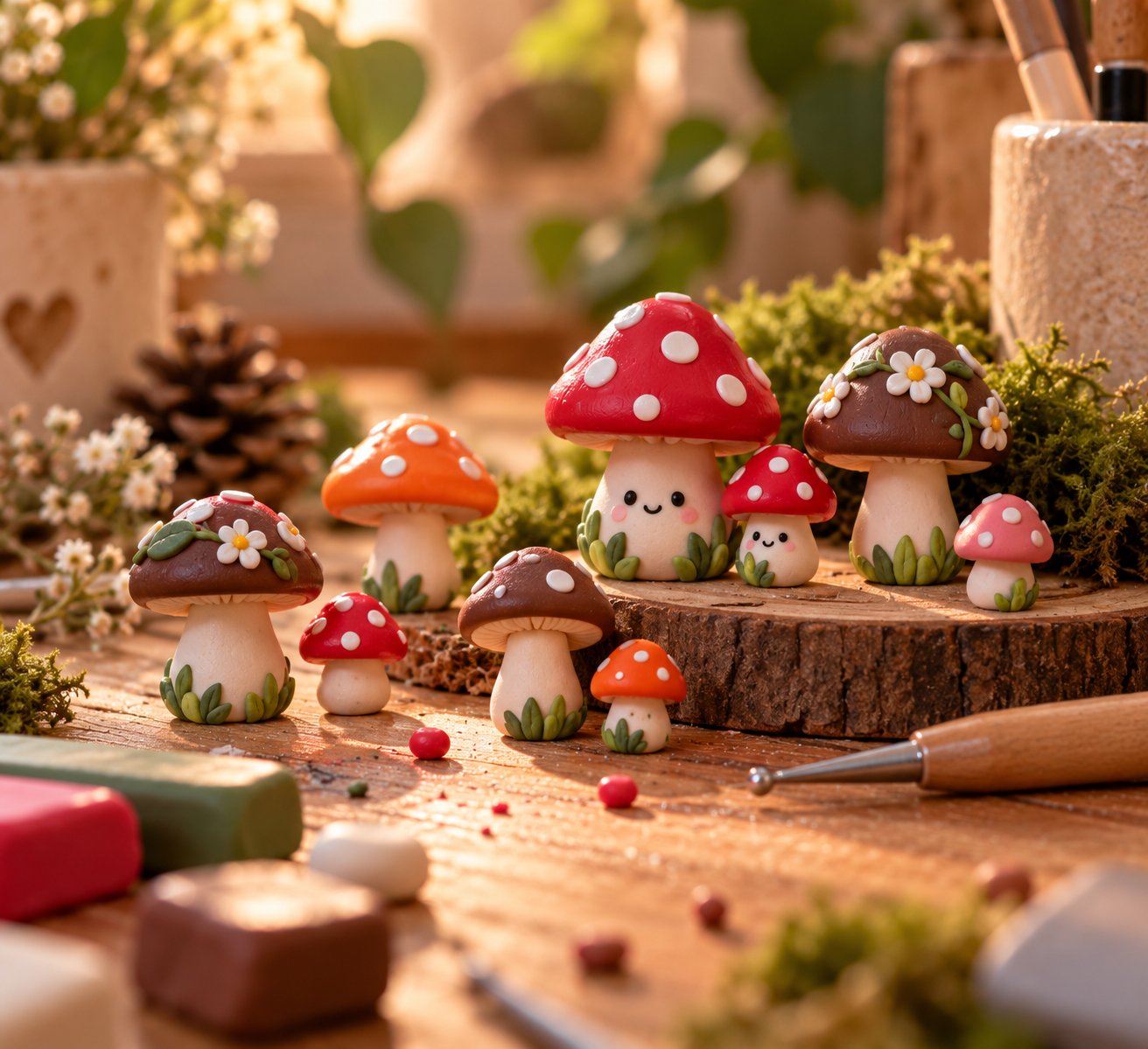 Miniature decorative felt mushrooms with painted faces arranged on a wooden surface with moss and crafting supplies.
