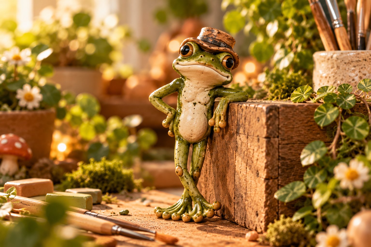 A detailed frog figurine standing on a wooden block surrounded by potted plants and art supplies in a garden setting