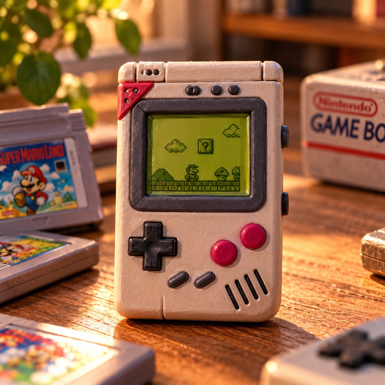 Nintendo Game Boy handheld console with Mario game displayed on yellow-green screen, surrounded by game cartridges on wooden desk