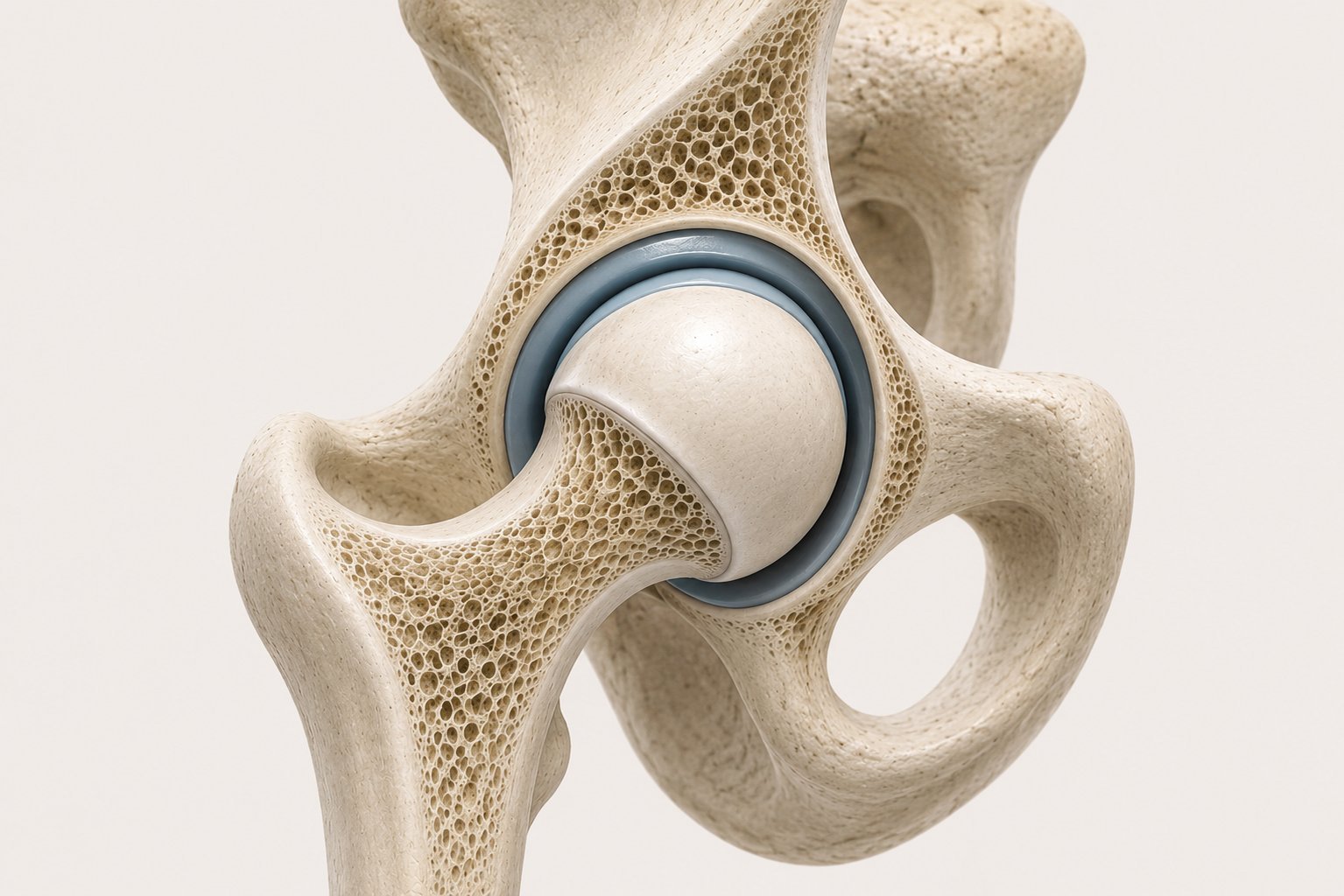 Ilustración 3D de un reemplazo articular de cadera con un implante protésico esférico colocado en el acetábulo de la pelvis.