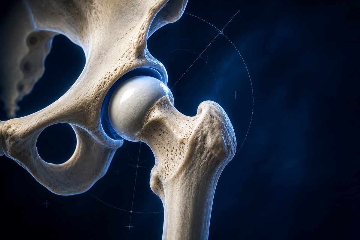 Ilustración 3D de la articulación de la cadera humana: cabeza femoral, cuello del fémur y acetábulo sobre fondo azul profundo