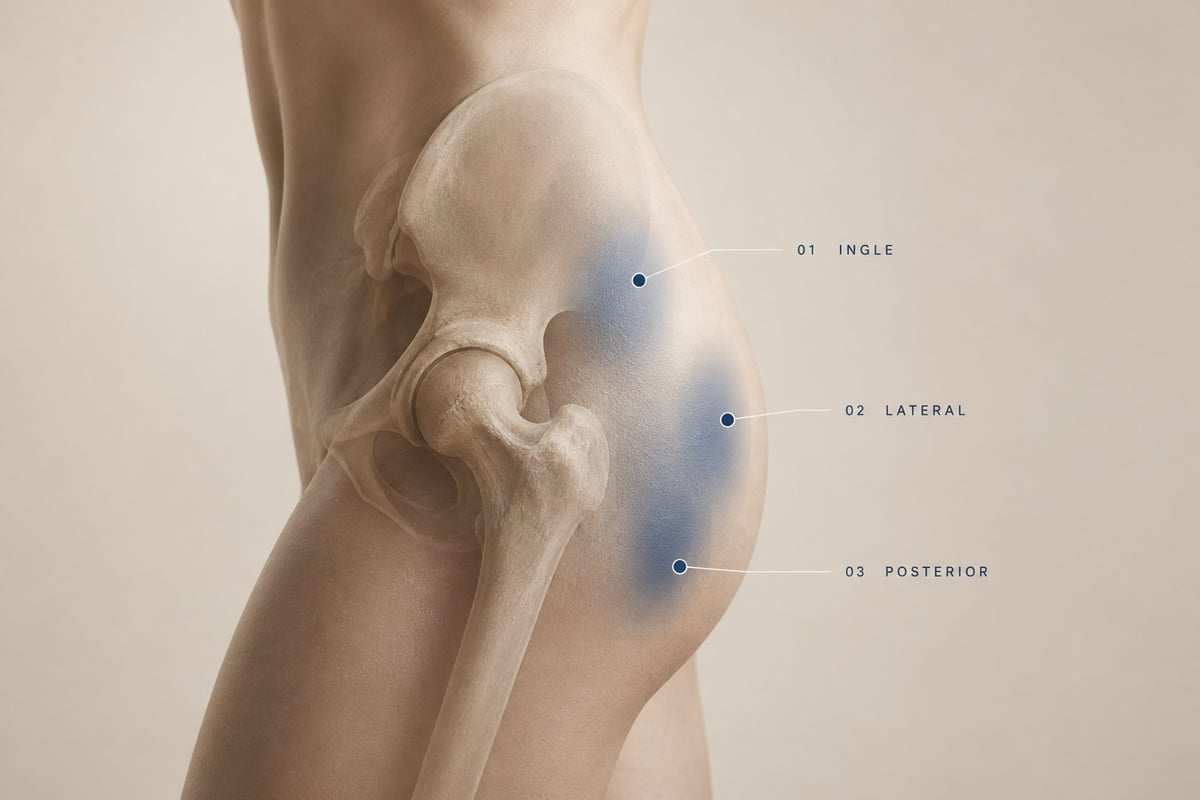 Anatomía de la cadera y zonas frecuentes de dolor en ingle, región lateral y posterior