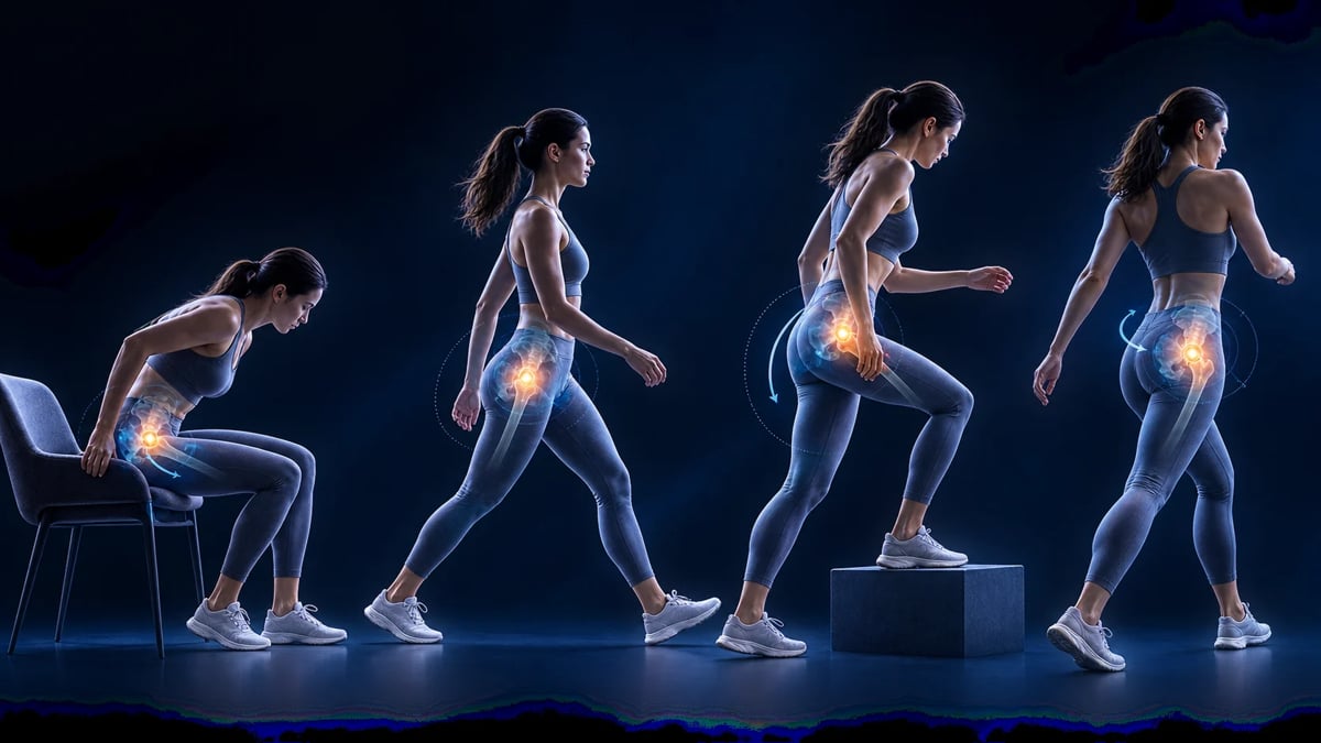 Movimientos cotidianos que pueden hacer evidente dolor o limitación de cadera: levantarse, caminar, subir escaleras y girar.