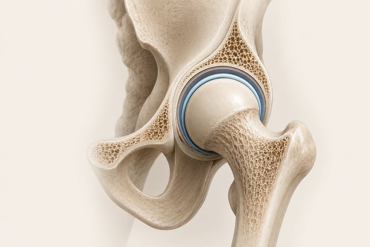 Anatomía de la articulación de la cadera mostrando cabeza femoral, acetábulo y cartílago articular.