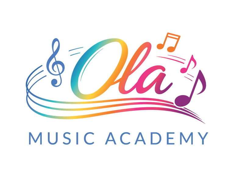 Ola Music Academy logo featuring colorful musical notes and flowing text with gradient colors from blue to pink