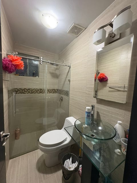 Baño moderno con regadera de vidrio, inodoro blanco, lavamanos de vidrio y decoración
