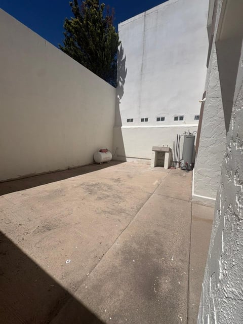Patio vacío de concreto con muros blancos, seto verde, árbol y cielo azul