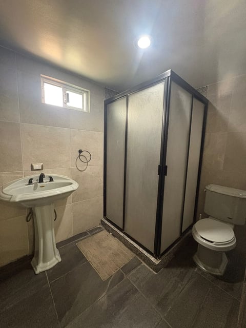 Baño moderno con lavamanos de pedestal, regadera de vidrio e inodoro