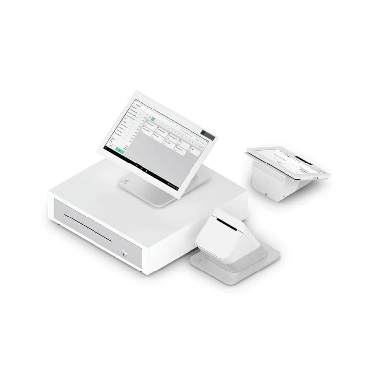 White Square register system with tilted display screen, card reader, and receipt printer components on light background