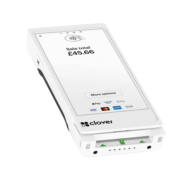 Payment terminal displaying sales total of 45.66 pounds with contactless payment icon and multiple payment method options
