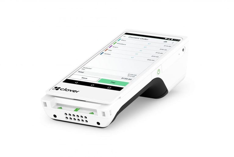 White payment terminal device with green status indicator and touchscreen displaying transaction interface