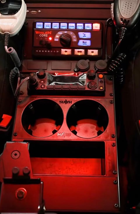 Police vehicle center console with Whelen siren controller, Havis equipment mount, and illuminated control panel
