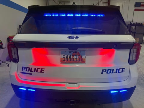 Rear view of a white and blue police SUV with activated red and blue emergency lights and license plate visible