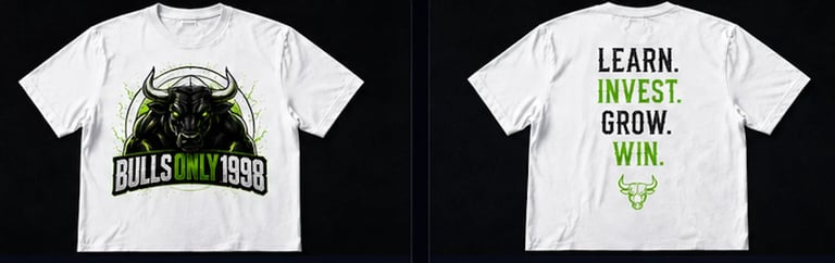 Two white graphic t-shirts with front designs: left shows black bull head with BullsOnly1999 logo, right shows green text reading LEARN. INVEST. GROW. WIN.
