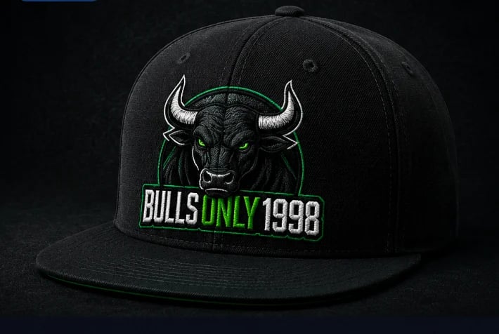 Black snapback cap with embroidered bull head logo and BULLS ONLY 1998 text in white and green