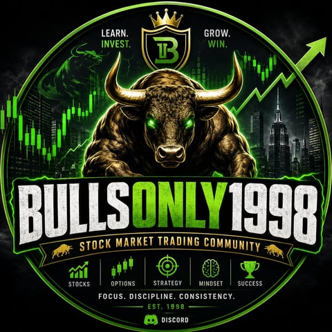Bulls Only 1998 stock market trading community logo with bull head, green upward charts, and tagline Learn Invest Grow Win