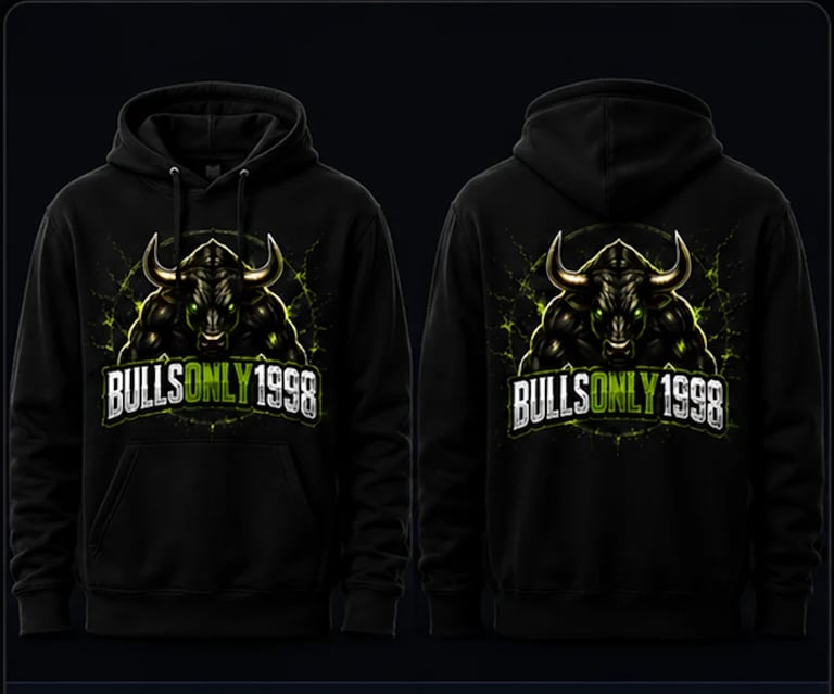 Black hoodie with gold bull horns design and BULLS ONLY 1998 text, shown front and back views