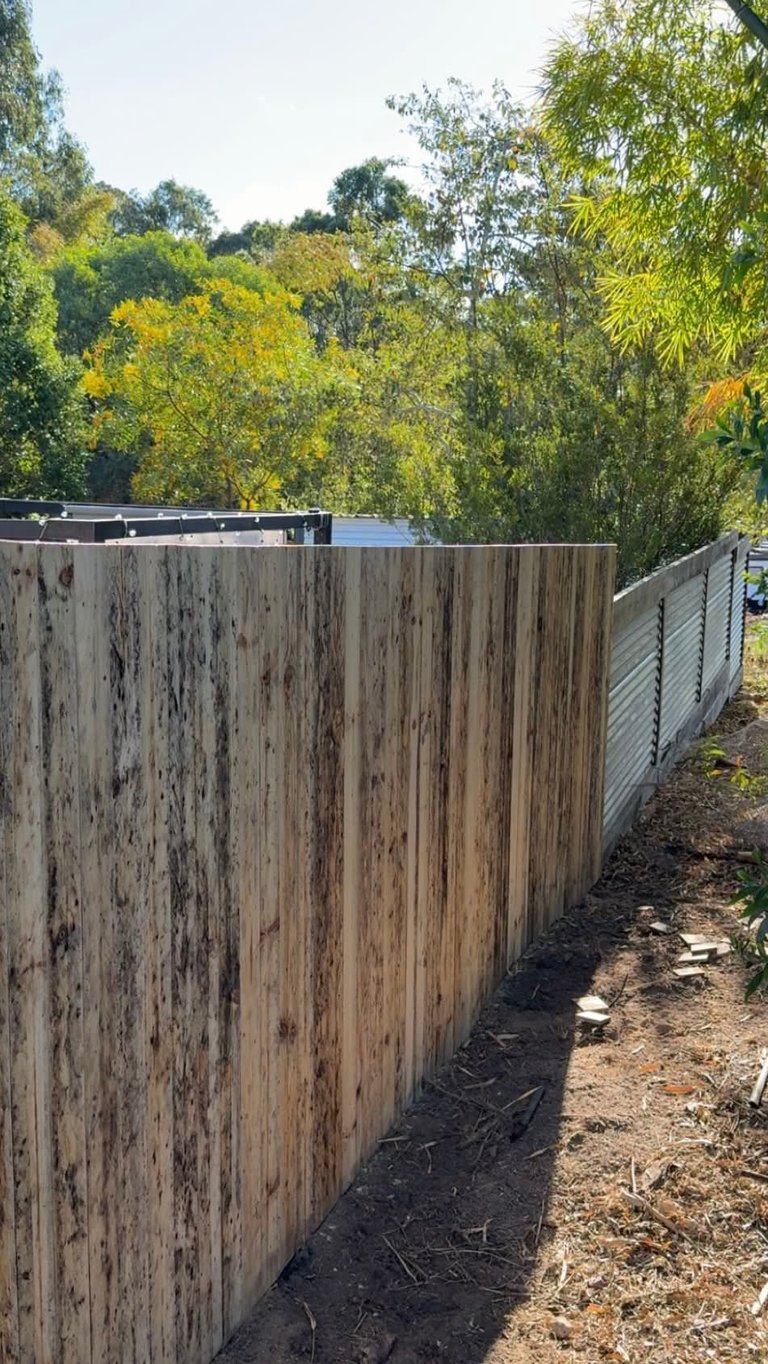 Weathered wooden fence with metal roofing along a dirt path, surrounded by green trees and foliage in background