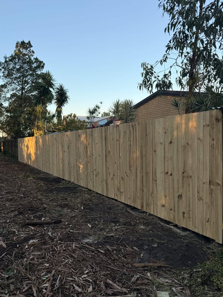 Wooden fence with mulch ground and palm trees along residential property at golden hour