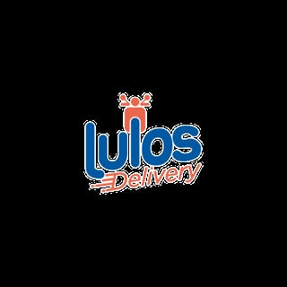 Lulos Delivery logo featuring blue text with orange delivery building icon and scooter graphic