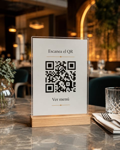 Soporte QR escaneado por un smartphone en un restaurante