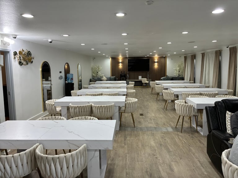 Another beautiful angle of the event space, ready for gatherings, meals, and family visits