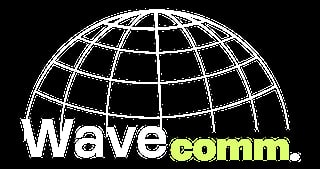 Wavecomm logo with white text and yellow accent, featuring a globe grid pattern on black background