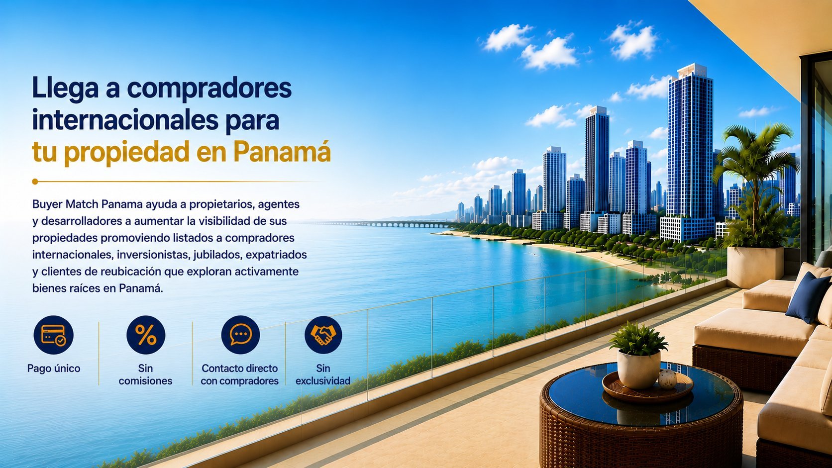 Luxury waterfront apartment balcony overlooking Panama City skyline with modern high-rises and blue ocean waters