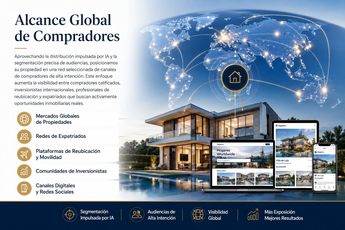 Global luxury real estate platform infographic showing modern house, world map, and property listings on digital devices