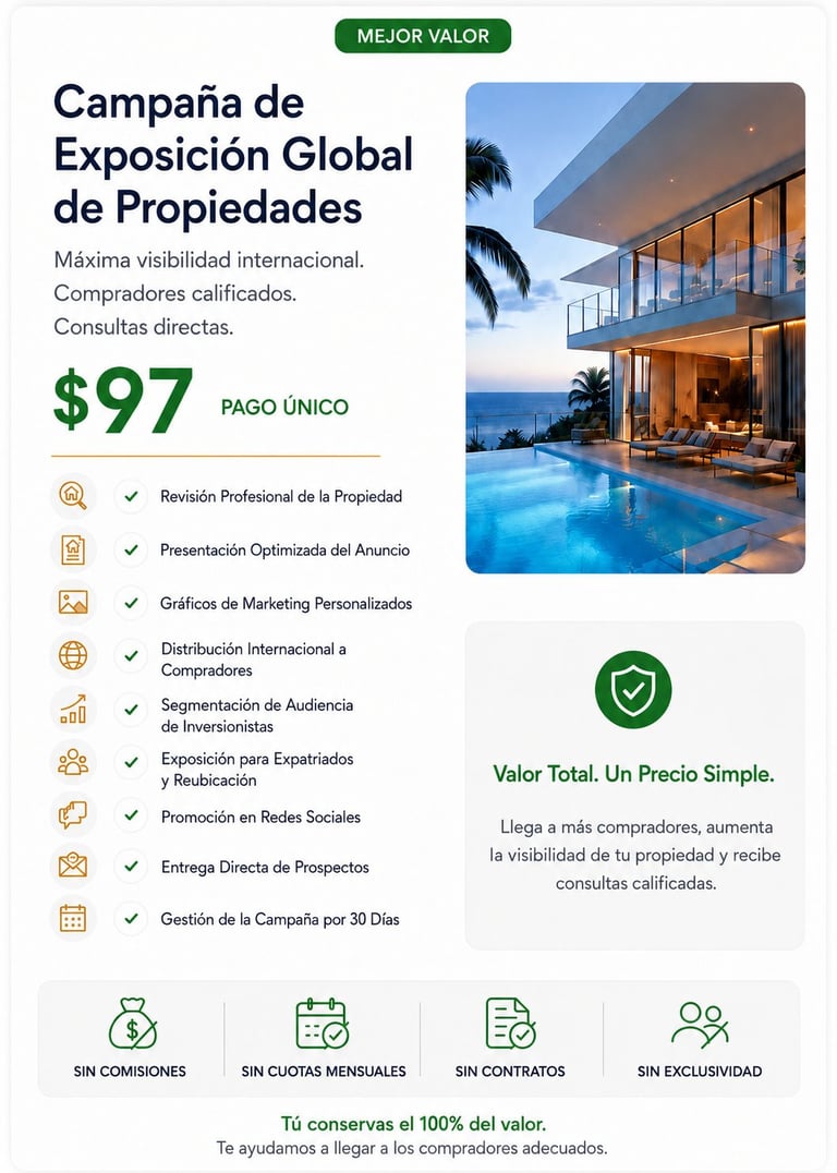 Marketing flyer for Global Property Exposure Campaign priced at $97, featuring luxury modern home with pool and listing benefits