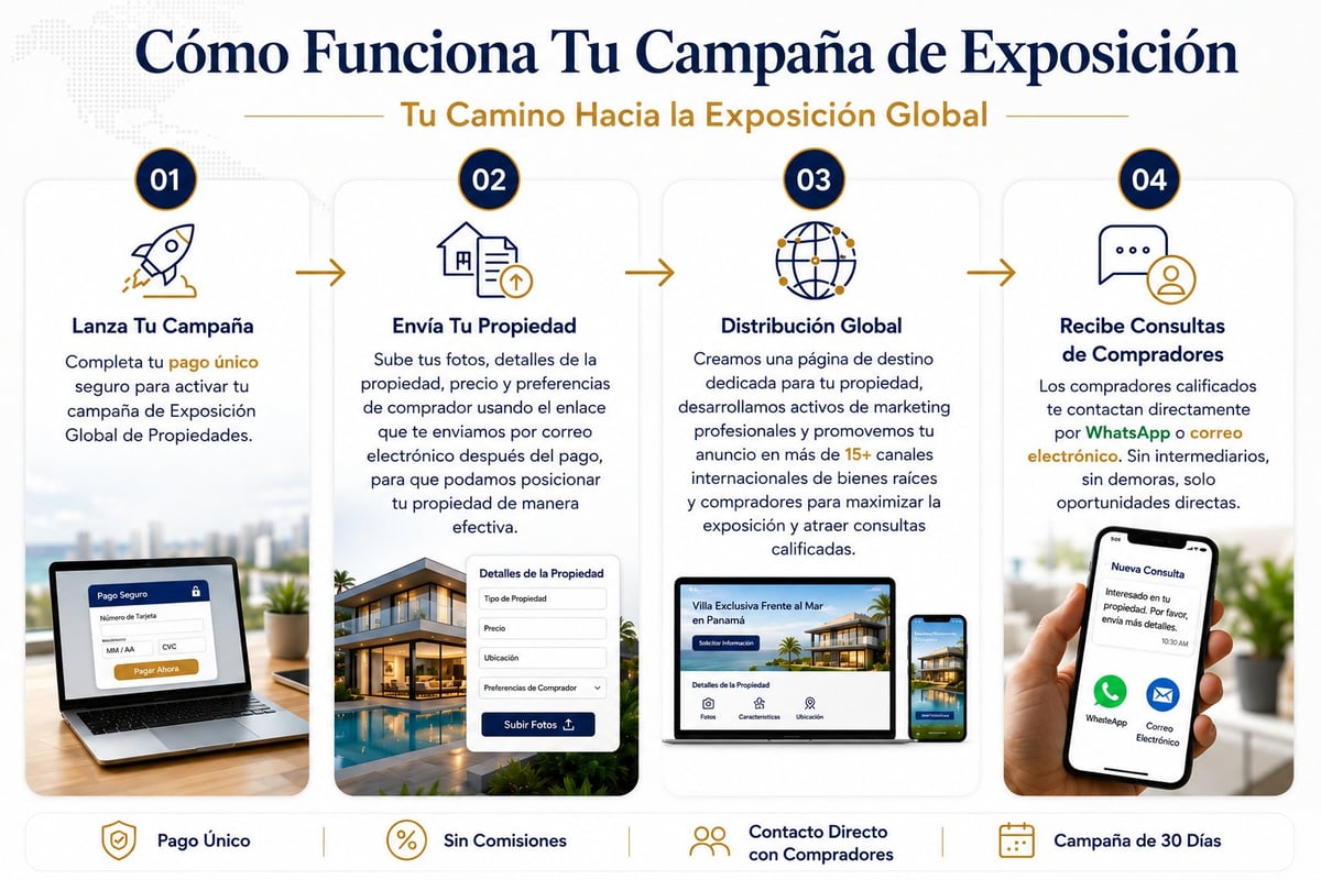 4-step infographic showing how an exposition campaign works: Launch Campaign, Enable Property, Global Distribution, and Receive Consultations