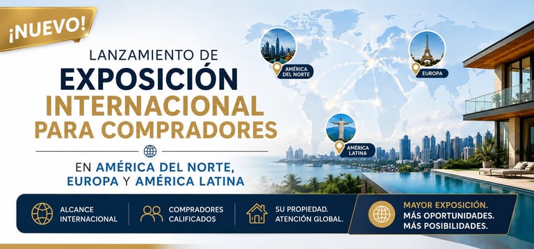 Marketing banner for international real estate expo launching in North America, Europe and Asia with luxury property imagery