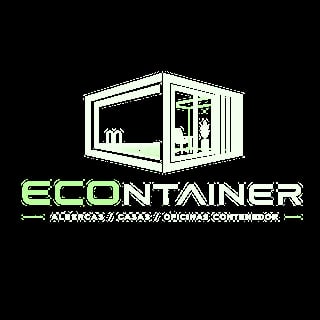 Econtainer logo featuring a green container house design with text reading Alteras, Casas, Oficinas Contenedor