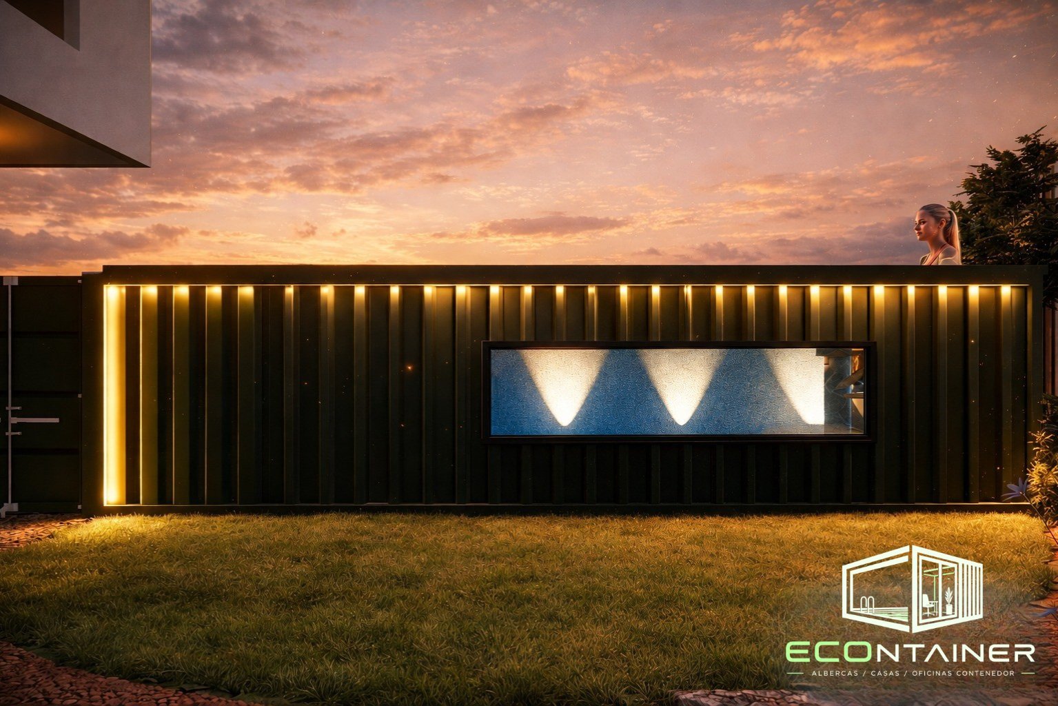 Contenedor ECOntainer negro con iluminación cálida premium
